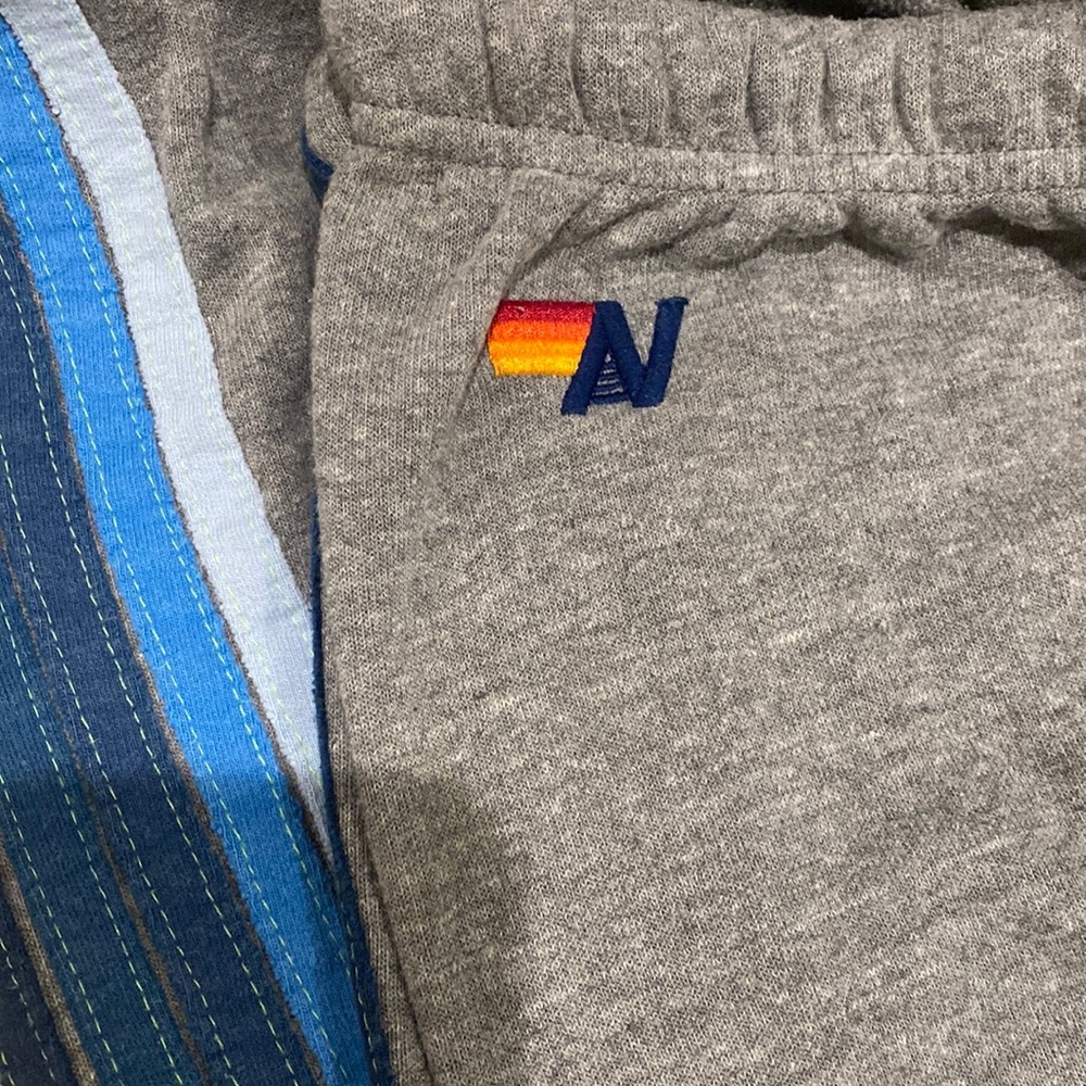 Aviator Nation women’s sweatpants. Grey with blue stripes.